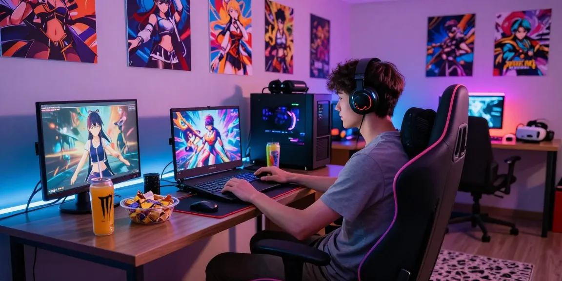 Enjoying hentai games in a vibrant gaming lounge with dynamic lighting and snacks.