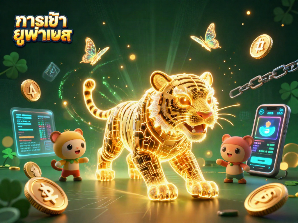 Engage with ทางเข้า ยูฟ่าเบท in this vibrant digital casino scene featuring a golden tiger and data butterflies.