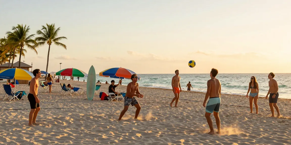 Aktivitas di Miami beach yang menggembirakan di https://miami4d.com/ dengan teman-teman bermain voli pantai saat matahari terbit.