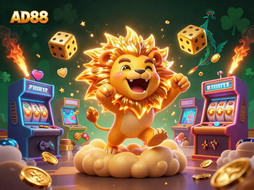 Experience the thrilling gameplay of AD88 with vibrant gaming elements and a roaring lion character.