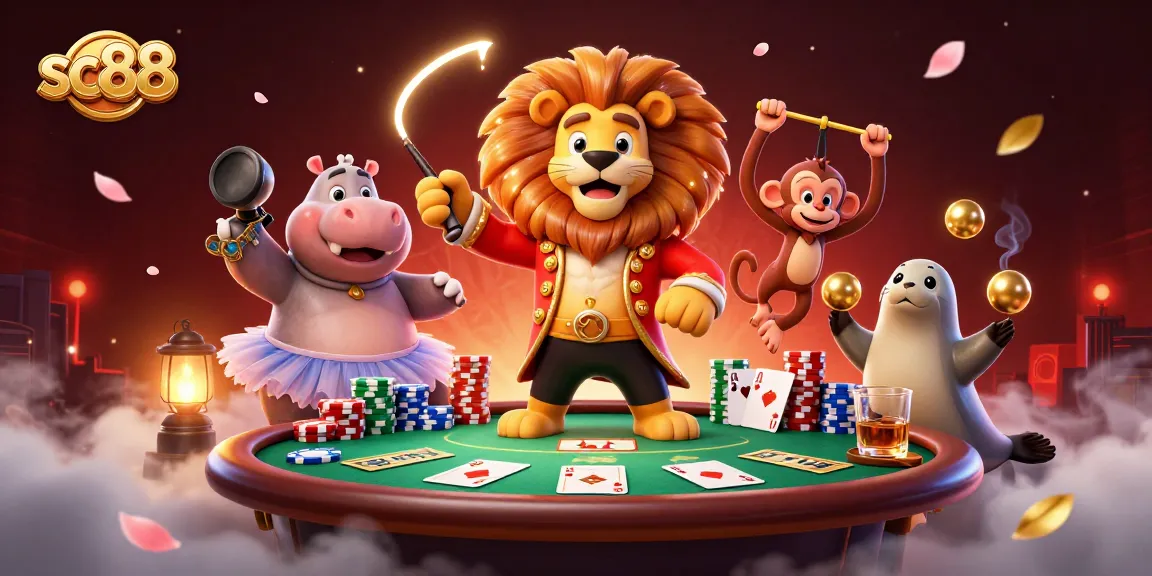 Experience the excitement of sc88 poker with vibrant characters like a lion ringmaster and dynamic game elements.