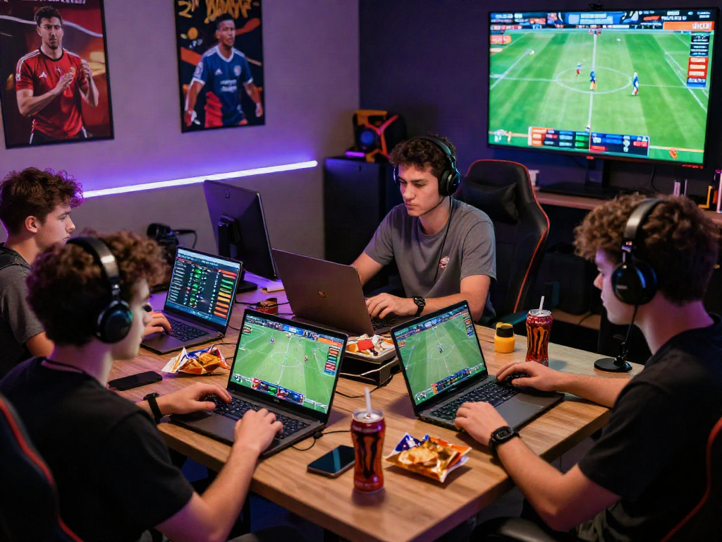 Players actively engaging in Playin exchange betting on laptops and mobile devices in a vibrant gaming environment