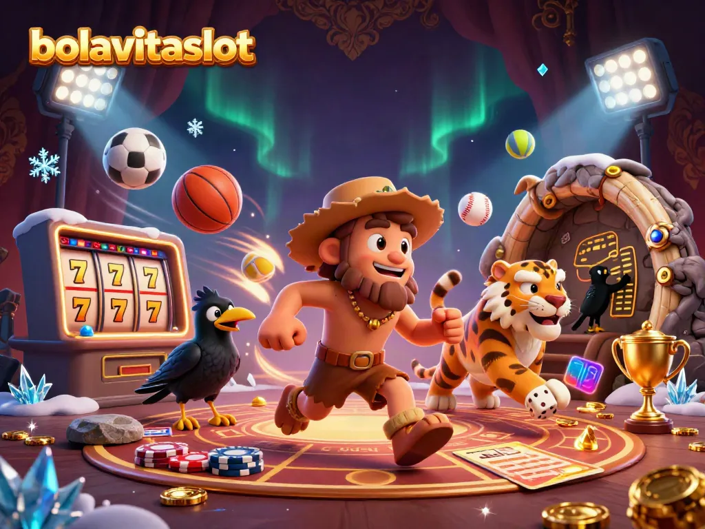 Spin the reels of bolavitaslot with a dynamic casino scene featuring prehistoric characters and gaming elements.