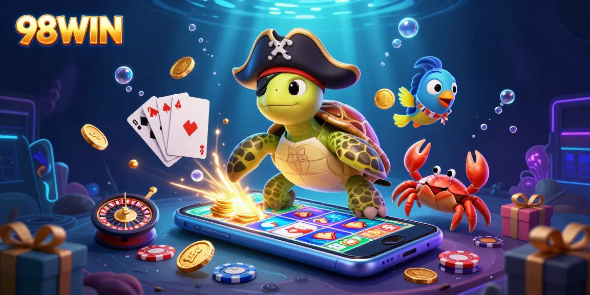 Experience thrilling action with 98WIN in an illustrated casino scene featuring vibrant gaming elements.