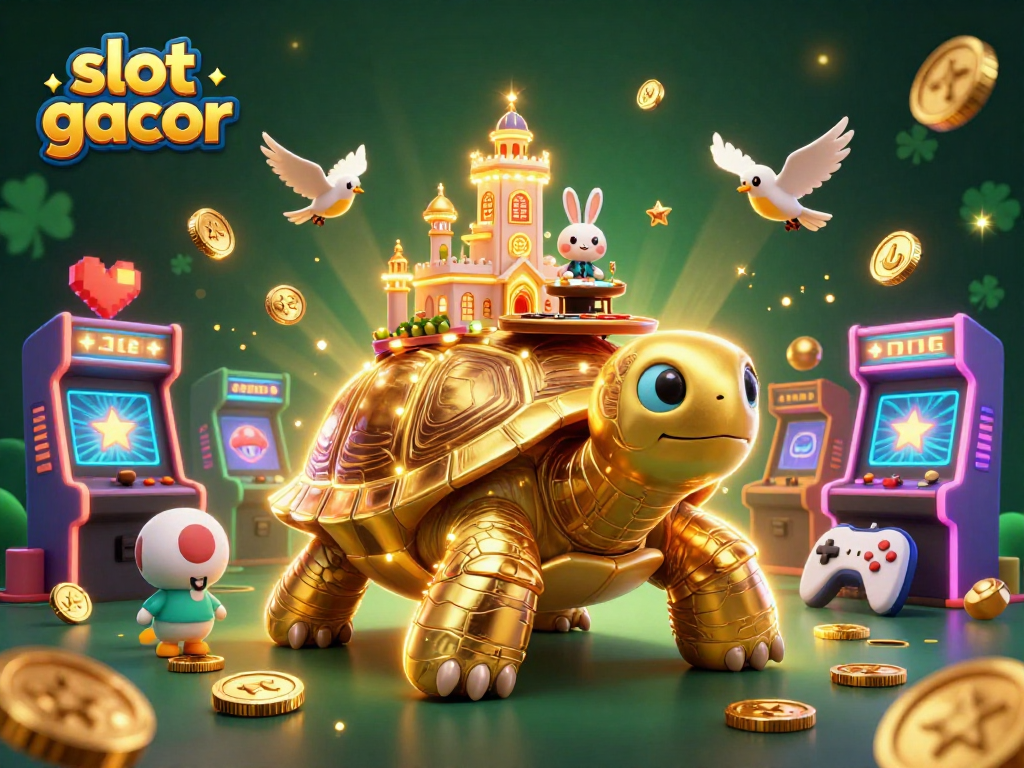Engage with slot gacor in this vibrant illustration featuring a golden tortoise casino and flying coins.