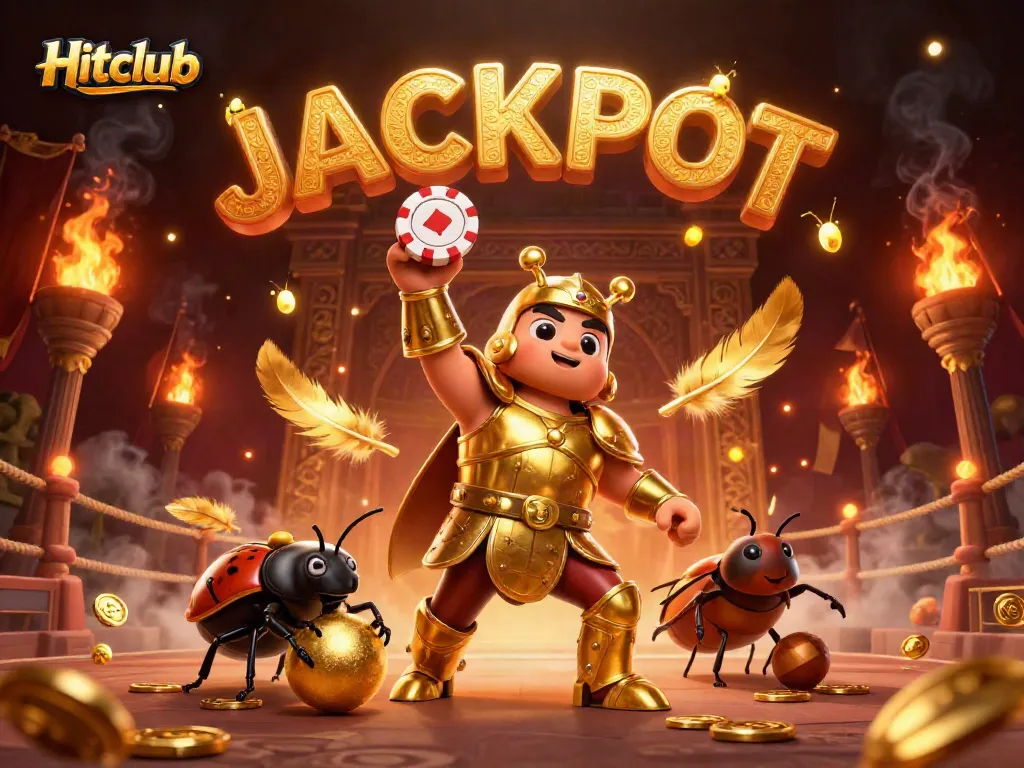 Hitclub engages players with a 3D cartoon hercules beetle in gladiator armor winning a jackpot