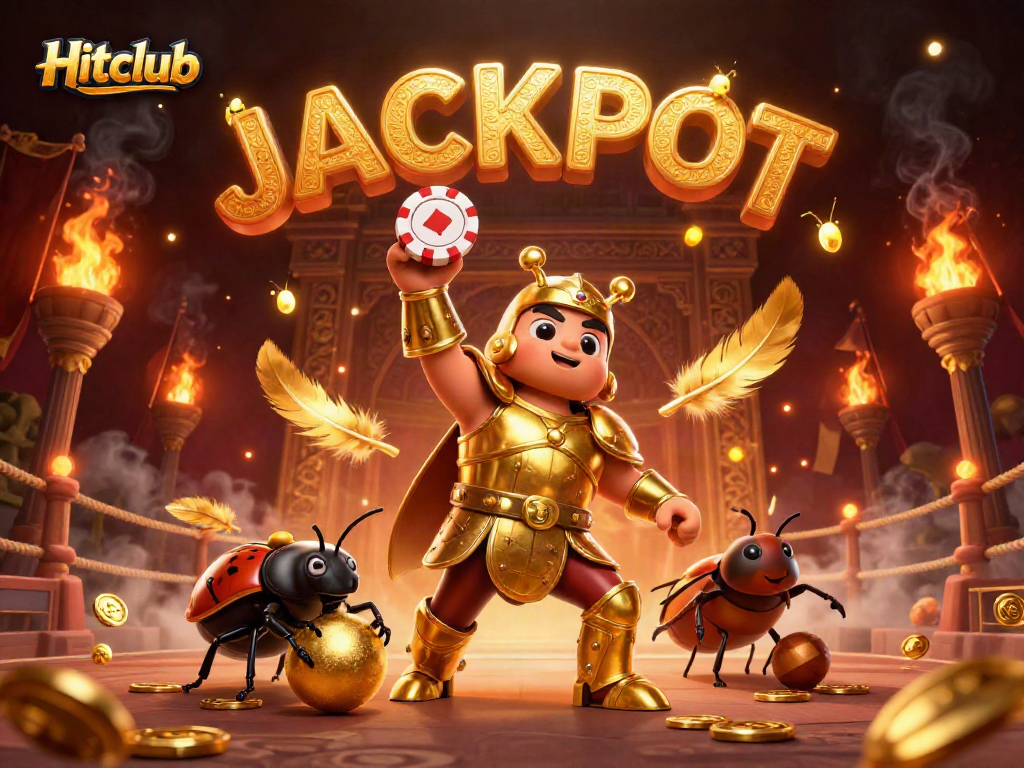 Hitclub engages players with a 3D cartoon hercules beetle in gladiator armor winning a jackpot