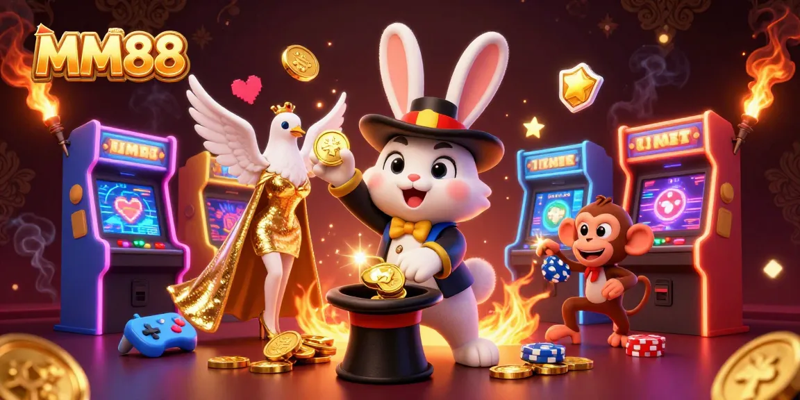 Engage with MM88's dynamic gaming scene featuring a magician rabbit, dove, and monkey amidst casino elements.