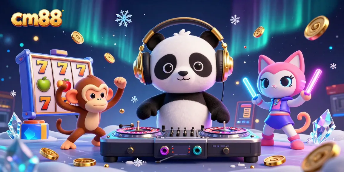 cm88 showcases a vibrant 3D illustration featuring a DJ panda and friends spinning reels with dynamic casino elements.