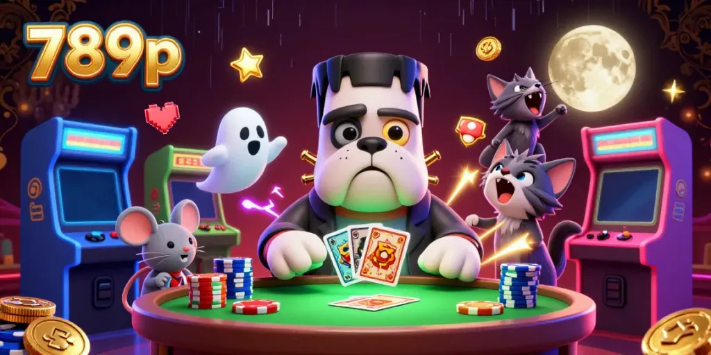 Experience thrilling card dealings at 789p casino with a spooky atmosphere and playful characters.