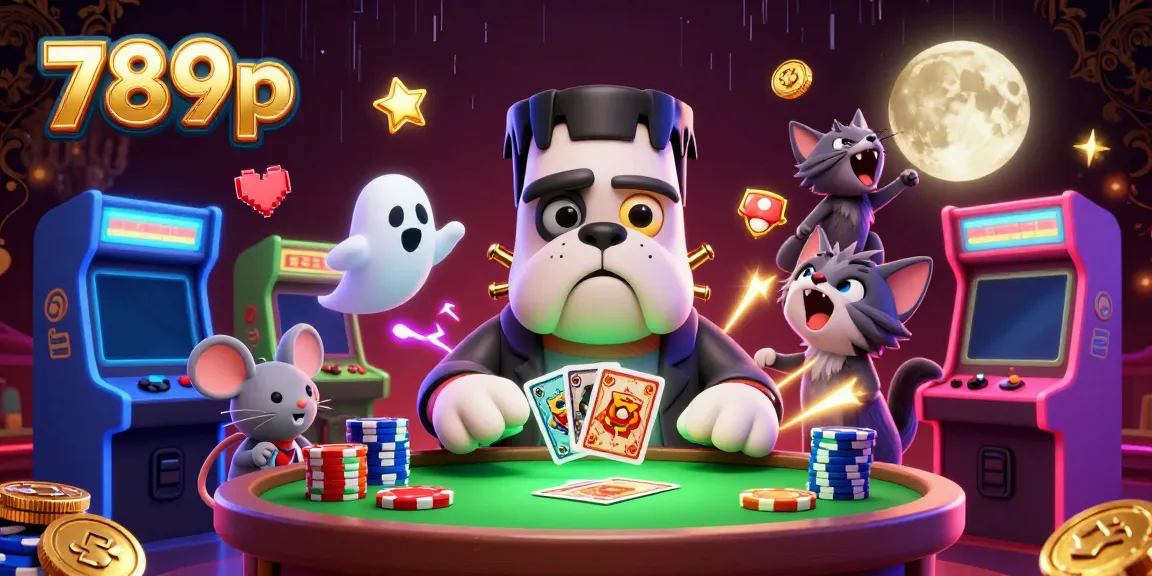 Experience thrilling card dealings at 789p casino with a spooky atmosphere and playful characters.