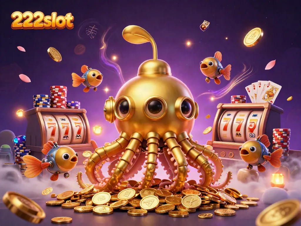 Menangkan permainan slot dengan 222slot di dunia penuh koin emas dan ikan mekanik.