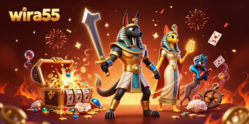 Join the fun and spin the reels with wira55, a vibrant slot-themed illustration featuring Egyptian warriors and treasures.