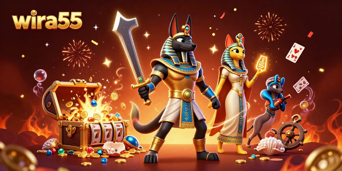 Join the fun and spin the reels with wira55, a vibrant slot-themed illustration featuring Egyptian warriors and treasures.