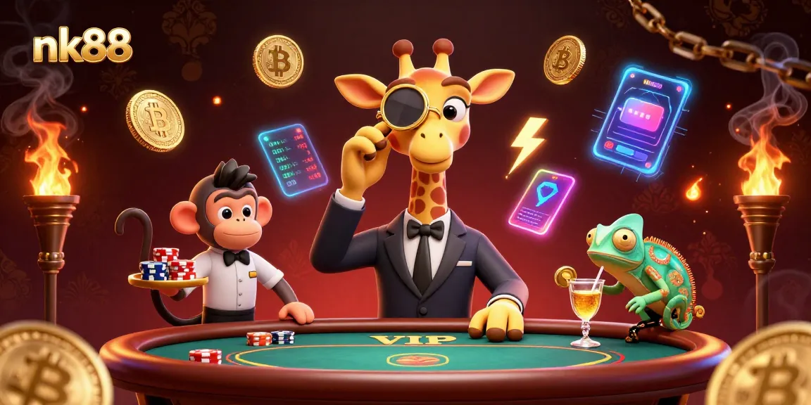 Bet on nk88 with a vibrant scene of a giraffe, monkey, and chameleon enjoying the casino.