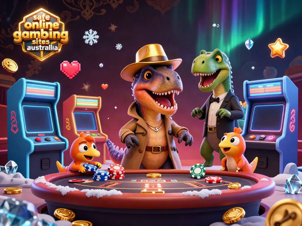 Experience excitement at safe online gambling sites Australia with playful dinosaur card players.