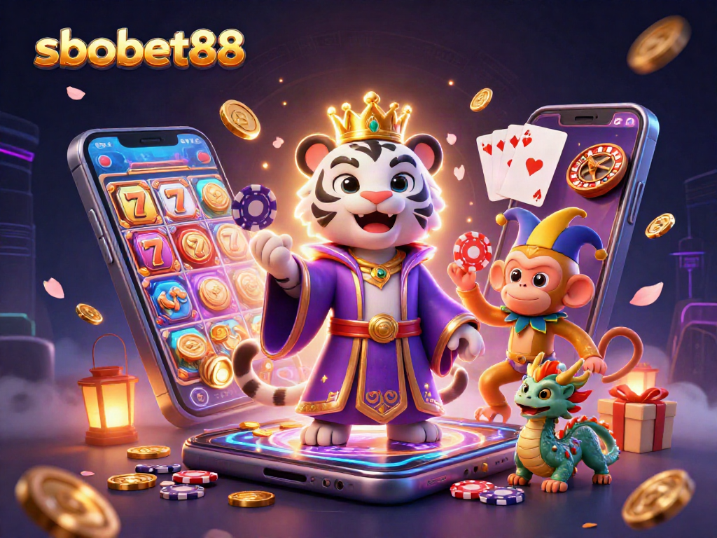 sbobet88 showcases a vibrant scene of a royal tiger, playful monkey, and jade dragon amidst casino elements, illustrating online gambling excitement.