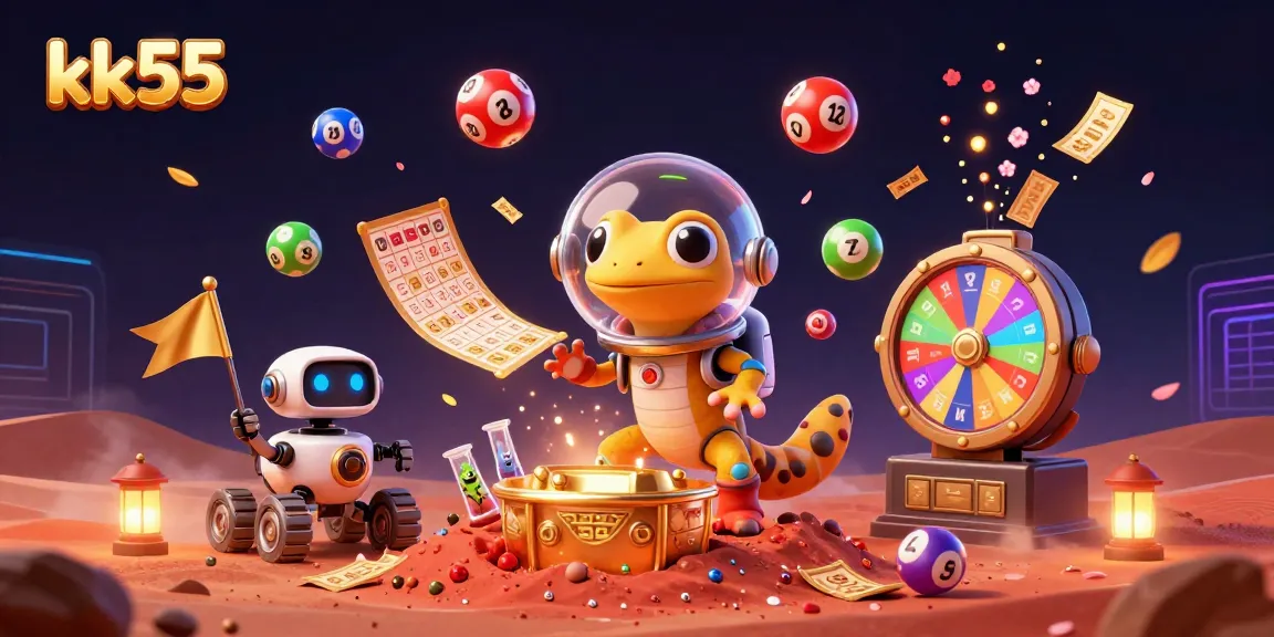 Engage with kk55 casino games in a Martian adventure among colorful lottery elements and vibrant visuals.