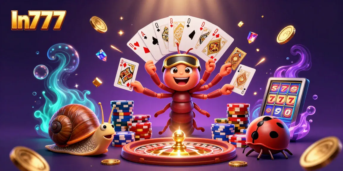 In777 casino excitement as a millipede dealer showcases cards among sparkling coins and chip stacks.