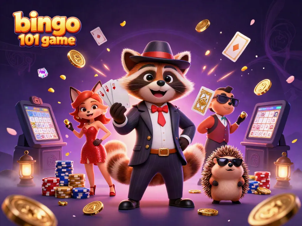 Enjoy exciting gameplay with the bingo 101 game as characters celebrate achievements amidst coins and playing cards.