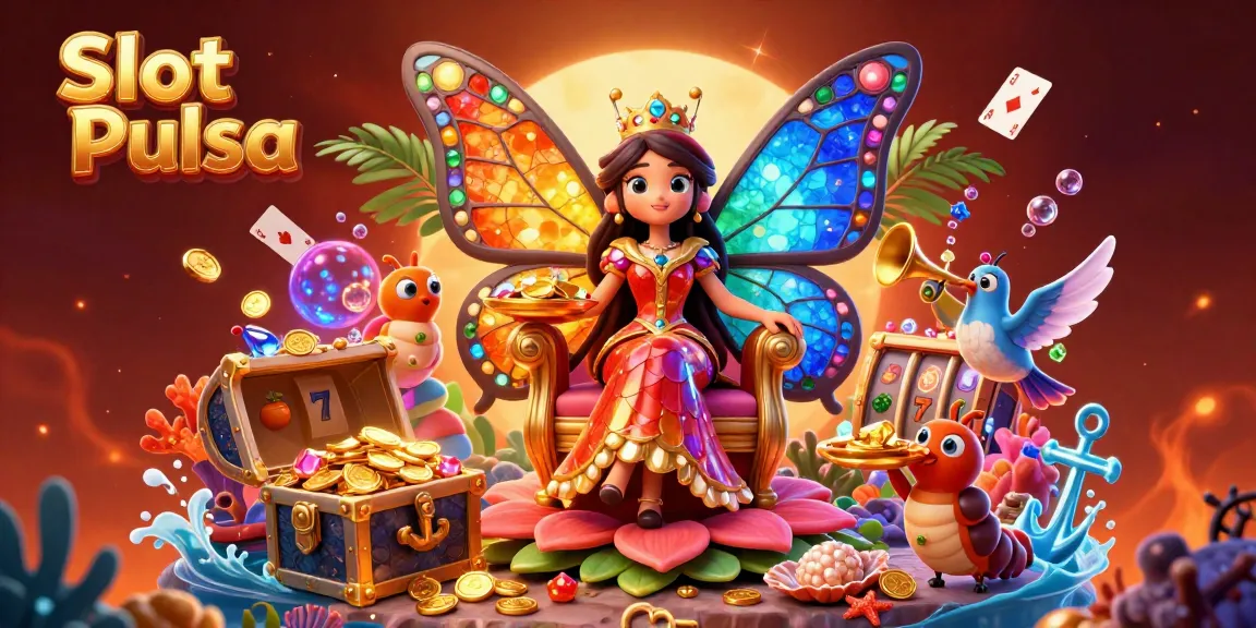 Bermain Slot Pulsa dengan tema ratu kupu-kupu yang dikelilingi elemen slot, chips emas, dan harta karun.