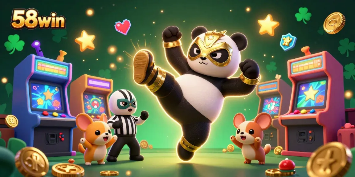 Engage with 58win through an action-packed scene featuring a panda wrestler and animal spectators.