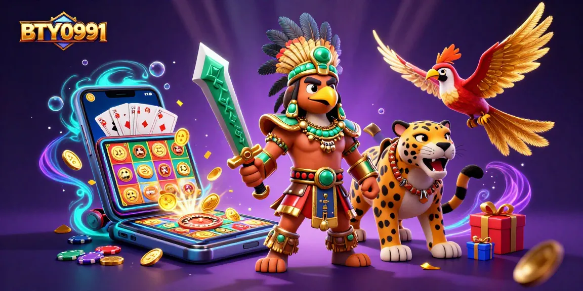 Experience BTY0991 with vibrant 3D casino action featuring Aztec warriors and exciting gaming elements.