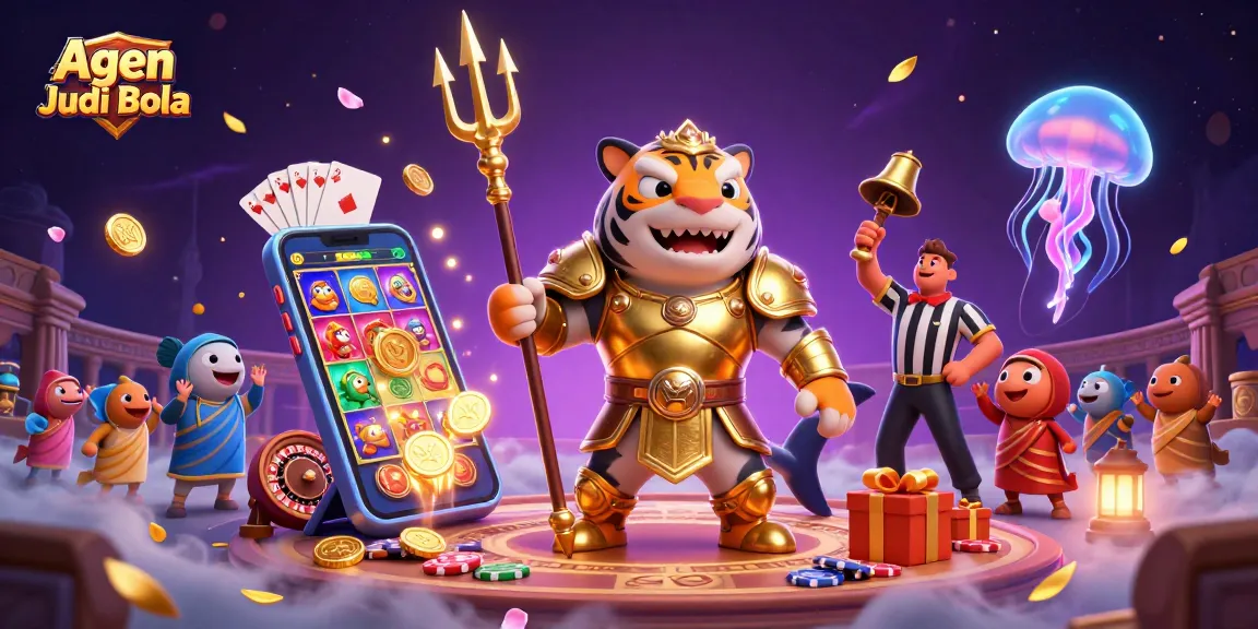Agen Judi Bola brings excitement with a 3D scene featuring a ferocious shark in gladiator armor amidst action-packed casino elements.