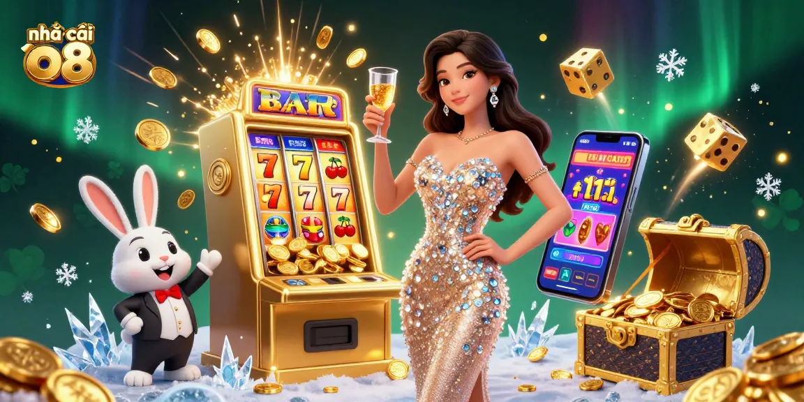 Engage with nhà cái o8's vibrant casino scene, showcasing a glamorous jackpot celebration with coins and games.