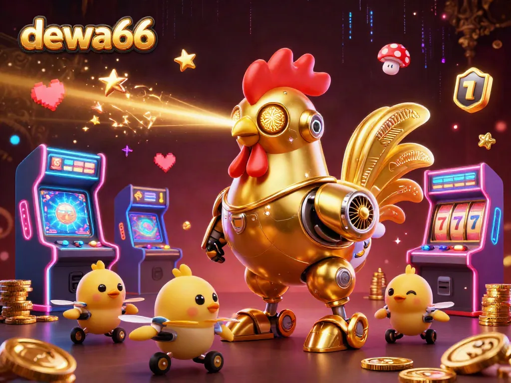 Engage with dewa66's vibrant slots scene featuring a golden robot and baby drones.