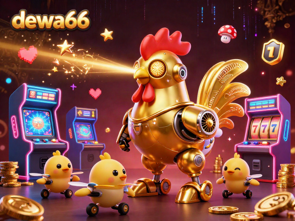 Engage with dewa66's vibrant slots scene featuring a golden robot and baby drones.