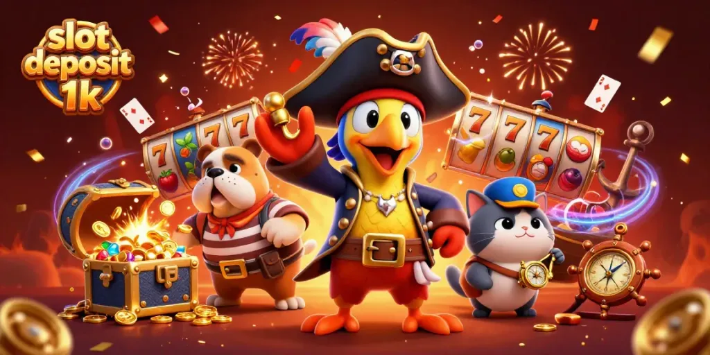 Play slot deposit 1k and win big with dynamic casino elements in a vibrant pirate-themed illustration.