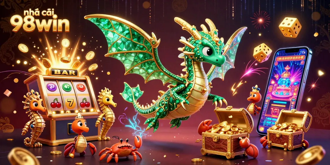 The nhà cái 98win sea dragon celebrates big wins with a lively jackpot explosion, embodying the excitement of online gaming.