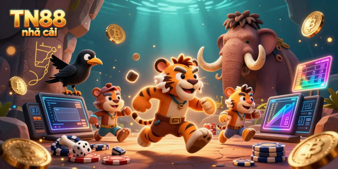 Experience the thrill at TN88 nhà cái with a dynamic prehistoric casino scene featuring a caveman and sabertooth duo.