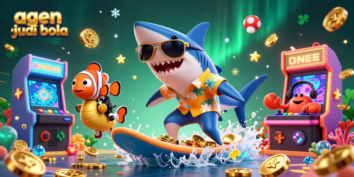 Spin the excitement with agen situs judi bola, featuring a shark and clownfish in a whimsical casino scene.