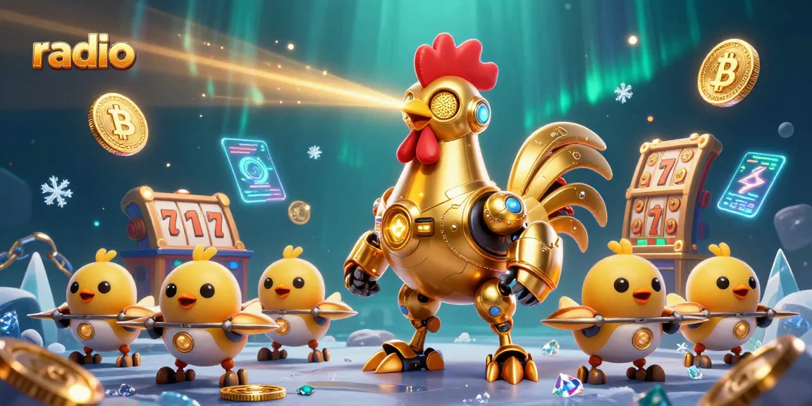 Engage with radio-themed slot games illustrated by a golden rooster robot and baby chick drones.