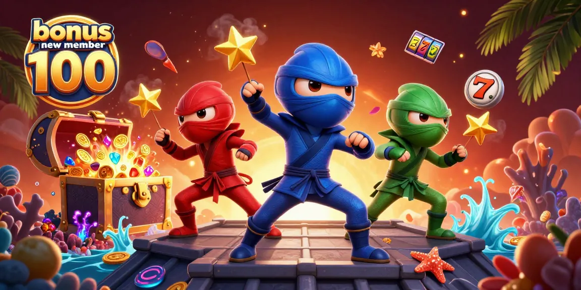 Experience the excitement of bonus new member 100 with a vibrant 3D casino-themed illustration.