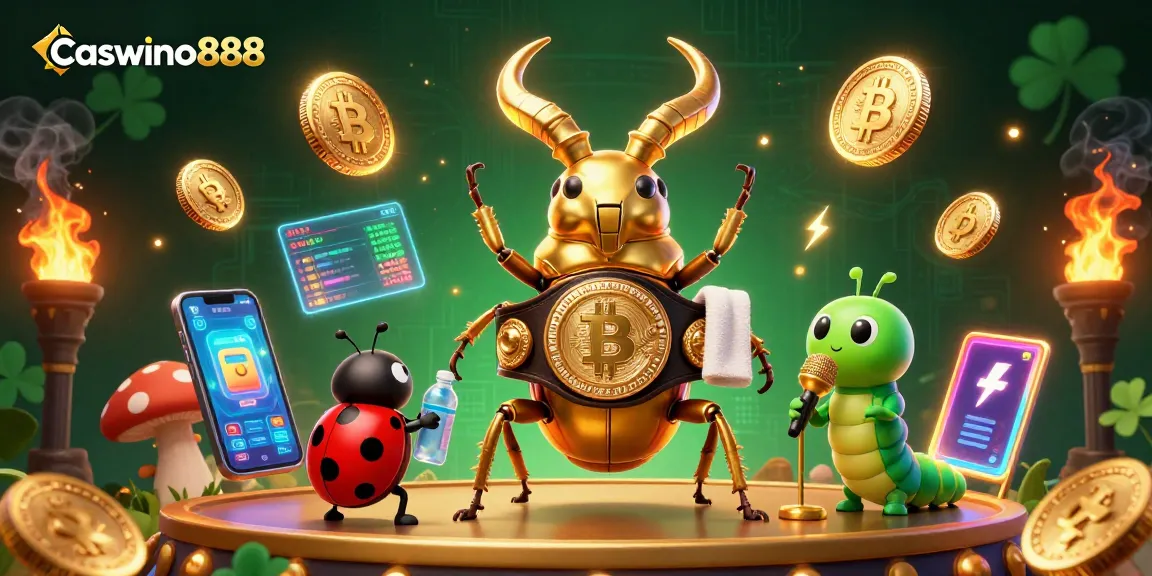 Win big with Caswino888 in a vibrant casino scene featuring a giant beetle champion.