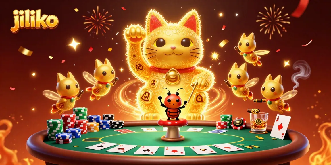 Engage with exhilarating games at Jiliko, with a dynamic scene featuring casino symbols and vibrant fireflies.