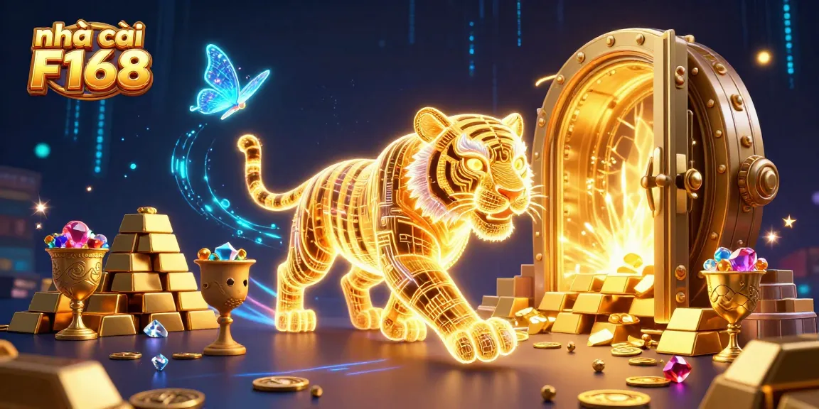 Experience vibrant gaming features at nhà cái F168 with a powerful golden tiger in a dazzling digital casino.
