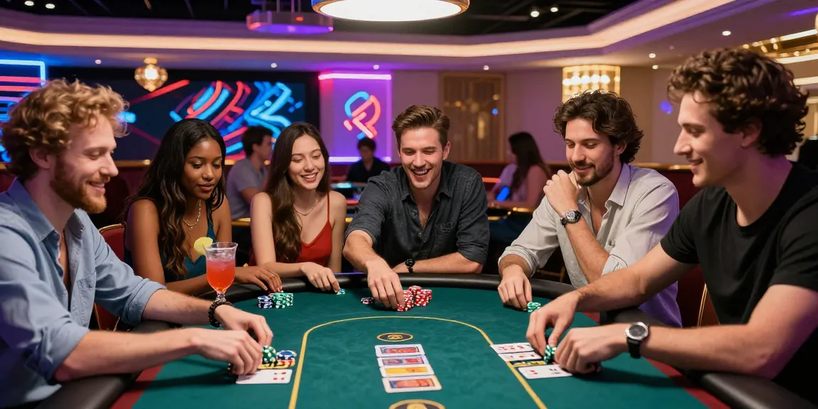 Friends enjoying a thrilling night playing lotus365 games at a lively casino.