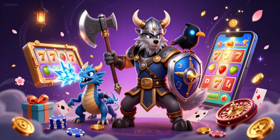 Totoslot engages players with a captivating scene of a Viking wolf warrior, dragon, and raven amid vibrant casino elements.