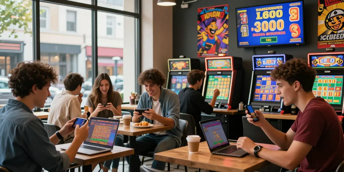 Young adults engaging in online gaming and lotteries at a café, showcasing ngamenjitu excitement and community.