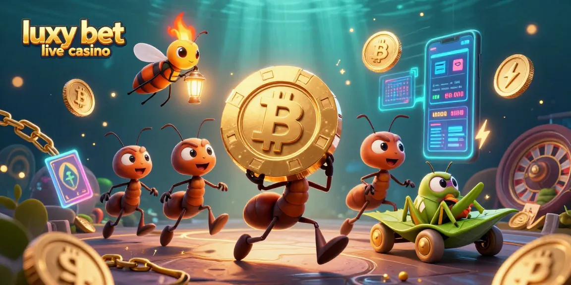 Experience excitement at luxy bet live casino with ants carrying massive poker chips and glowing crypto coins.