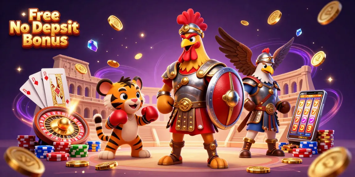 Claim the Free No Deposit Bonus with a dynamic 3D casino scene featuring characters and gambling elements.