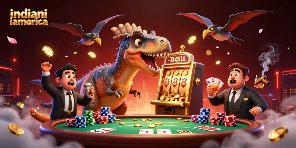 indianiamerica showcases a thrilling casino scene with dinosaurs winning jackpots amidst flying coins.
