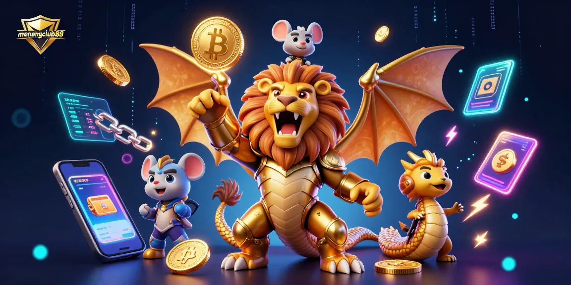 Experience the excitement of menangclub88 with a triumphant chimera and crypto elements in an electrifying casino scene.