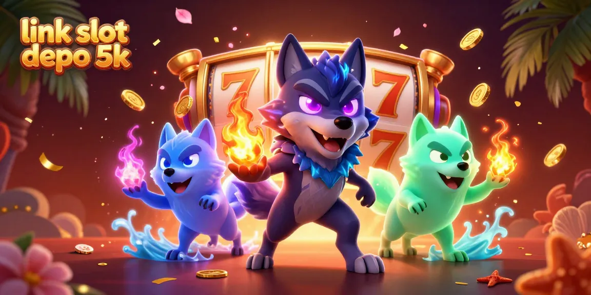 Engage with link slot depo 5k in a vibrant, dynamic scene featuring a shadow wolf and cascading slot reels.