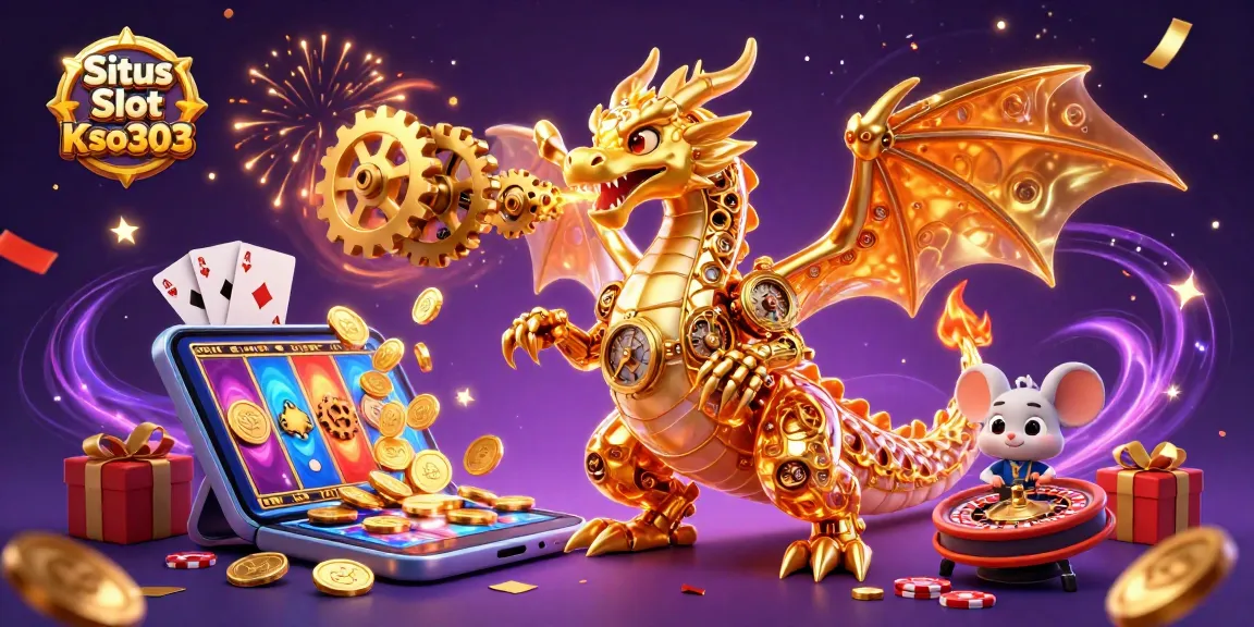 Situs Slot Gacor Kso303 menampilkan ilustrasi 3D permainan kasino yang seru dengan naga emas dan elemen slot yang menarik.