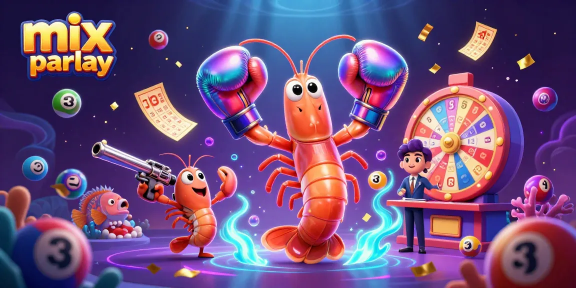 Meraih kombinasi pemenang dengan mix parlay, bola lotere berwarna-warni mengelilingi udang mantis.